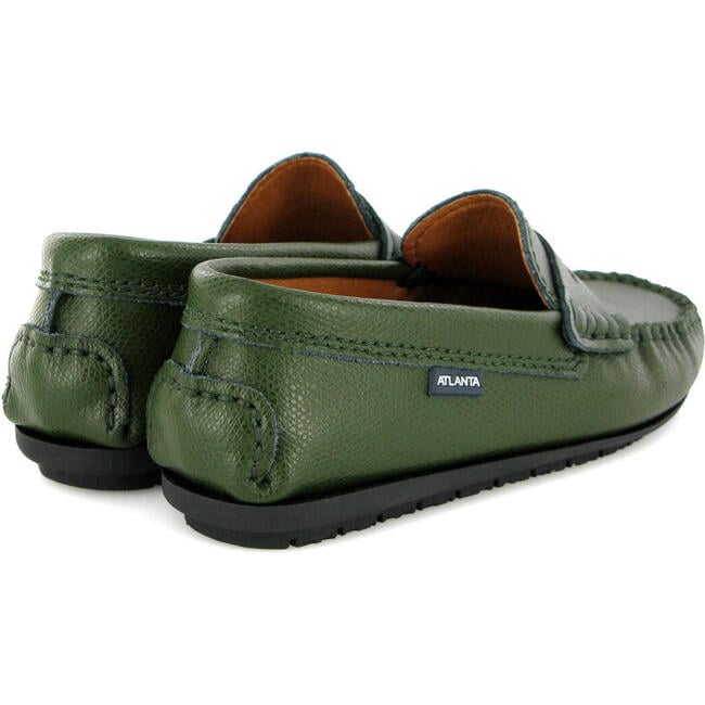 Grainy Leather Penny Moccasins, Green - Slip Ons - 4