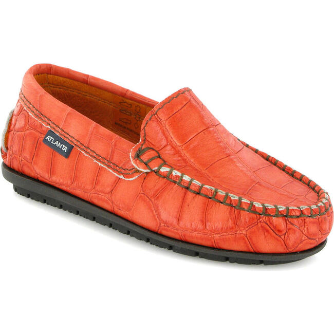 Croc Effect Leather Plain Moccasins, Orange - Slip Ons - 2
