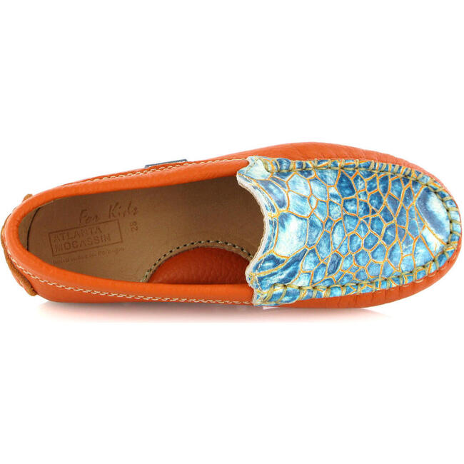 Grainy & Pirnted Leather Plain Moccasins, Orange & blue - Slip Ons - 5