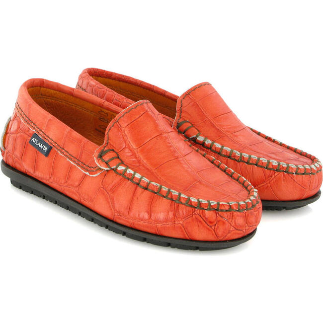 Croc Effect Leather Plain Moccasins, Orange - Slip Ons - 3