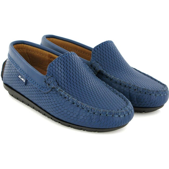 Grainy Leather Plain Moccasins, Ocean Blue - Slip Ons - 3