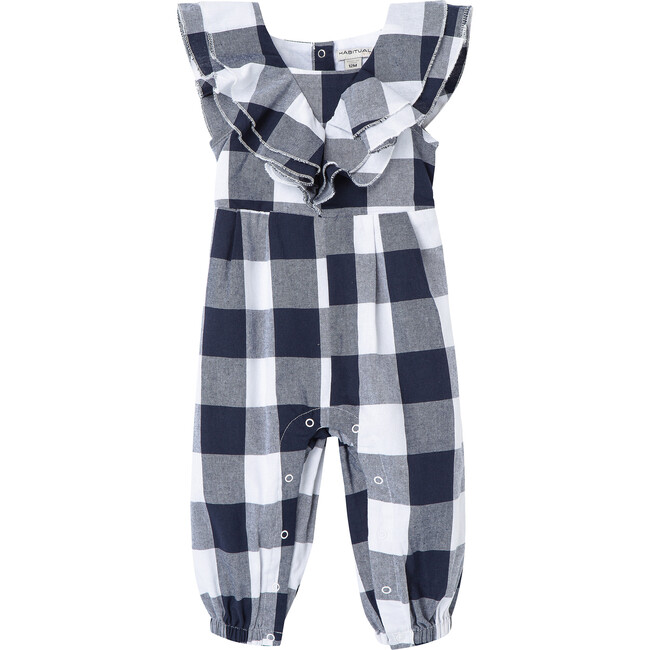 Ruffled Gingham Jumpsuit, Navy - Jumpsuits - 1