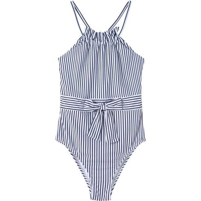 Striped Swimsuit With Waist Tie, Navy - One Pieces - 1
