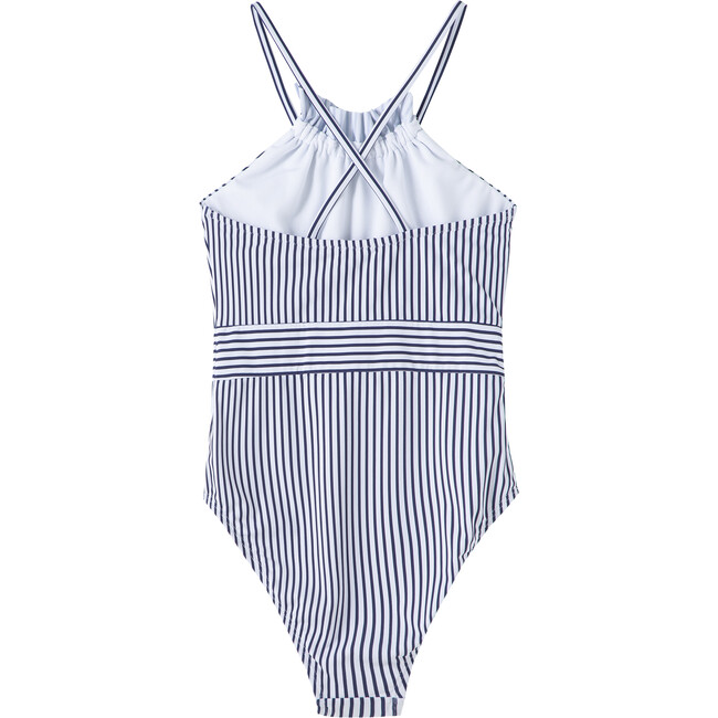 Striped Swimsuit With Waist Tie, Navy - One Pieces - 3