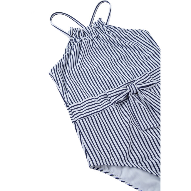 Striped Swimsuit With Waist Tie, Navy - One Pieces - 4