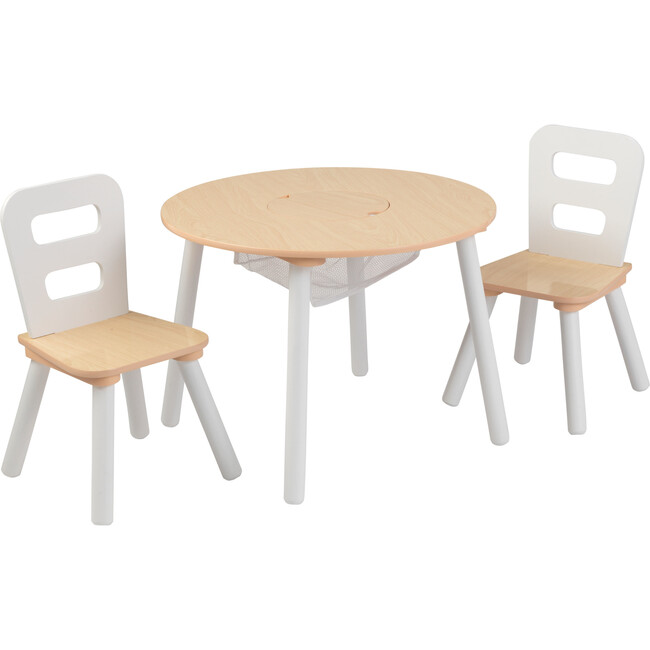 Round Storage Table and 2 Chair Set, Natural/White - Play Tables - 1