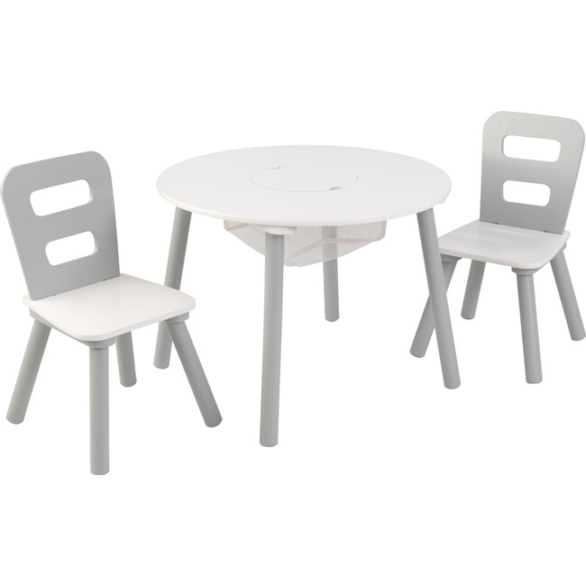 Round Storage Table and 2 Chair Set, Gray/White