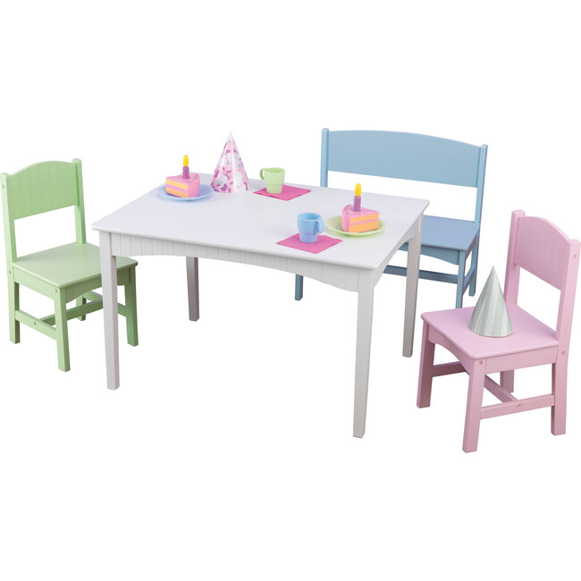 Nantucket Table with Bench and 2 Chair Set, Pastel