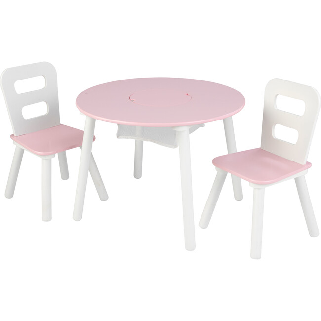 Round Storage Table and 2 Chair Set, Pink/White