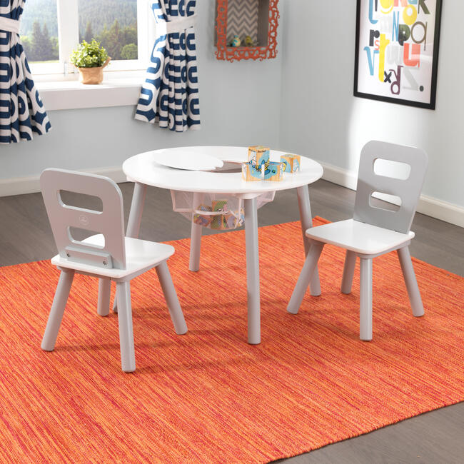 Round Storage Table and 2 Chair Set, Gray/White