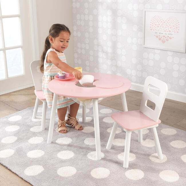 Round Storage Table and 2 Chair Set, Pink/White