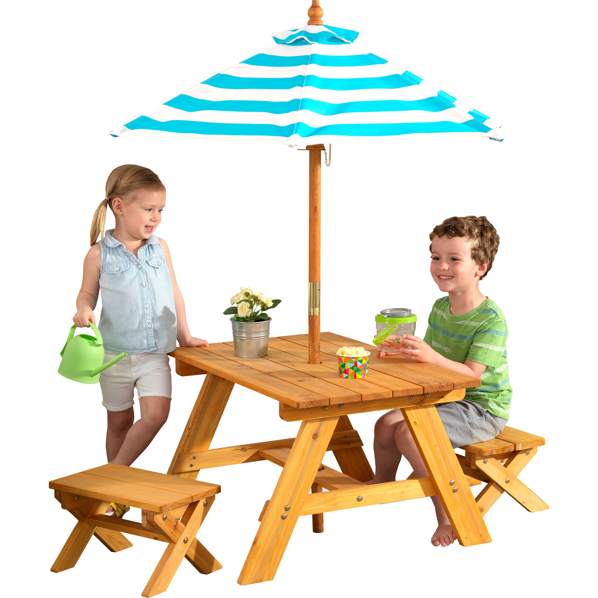 Outdoor Table and Bench Set with Umbrella, Turquoise/White - Outdoor Games - 1