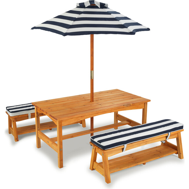 Outdoor Table and Bench Set with Cushions and Umbrella, Navy/White Stripes
