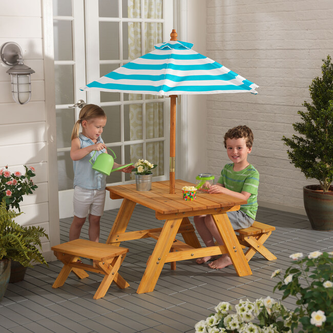Outdoor Table and Bench Set with Umbrella, Turquoise/White