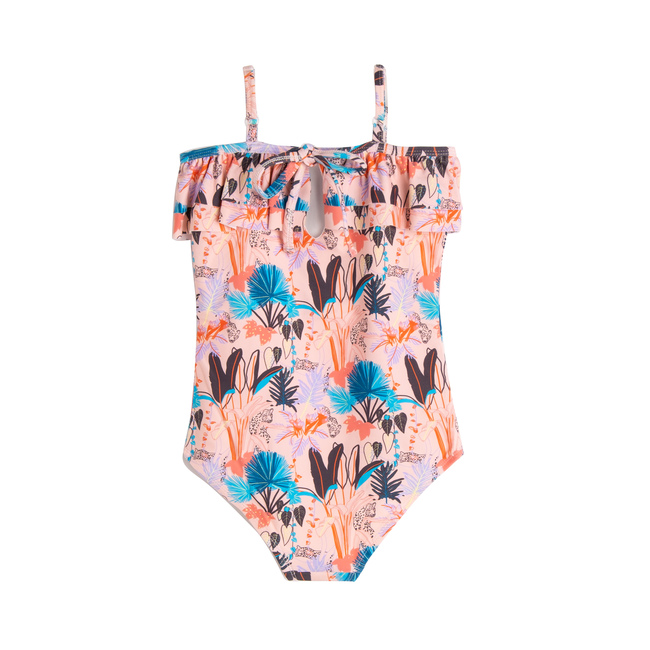 Isadora Ruffle One Piece Swim Suit, Pink Tropical Panther