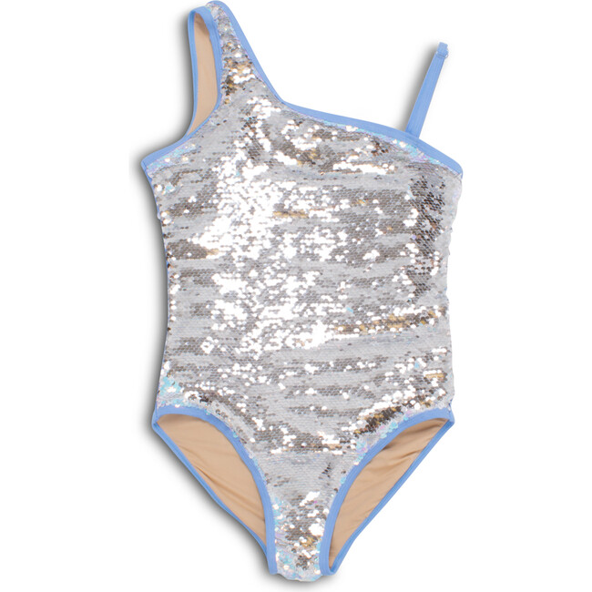Flippable Sequins One Shoulder Swimsuit, Periwinkle & Silver - Shade ...