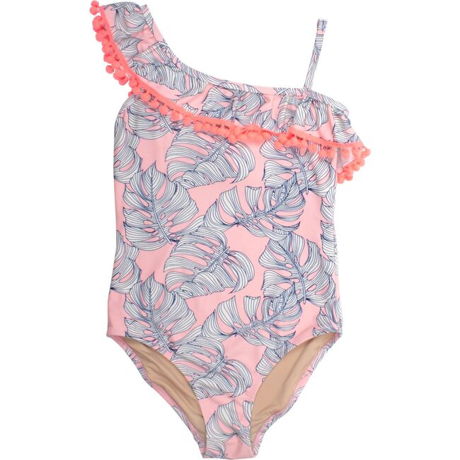 One Shoulder Pom Pom One Piece, Pink Monstera - One Pieces - 1