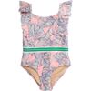 One Piece with Ruffle Shoulder, Pink Monstera - One Pieces - 1 - thumbnail