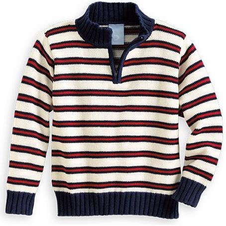 Knit Half Zip Sweater, White with Red and Navy Stripe