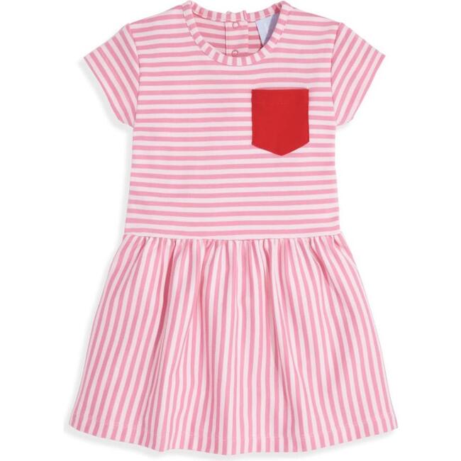 Striped Pima Play Dress, Pink Stripe with Red - Dresses - 1