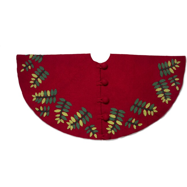 Hand Felted Green Leaves Tree Skirt, Red