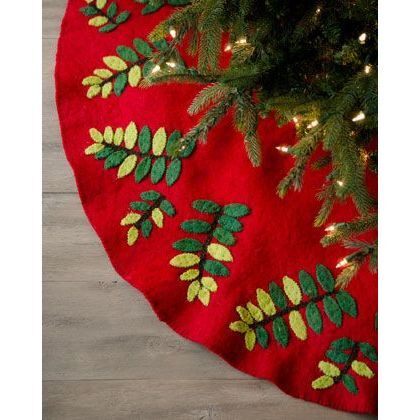 Hand Felted Green Leaves Tree Skirt, Red
