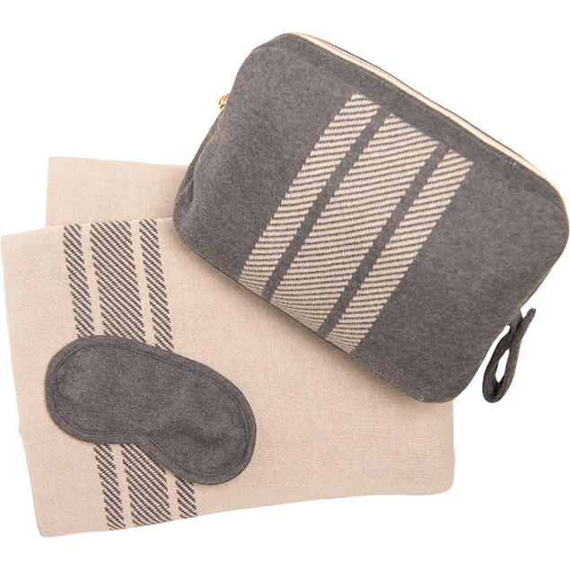 Reversible Stripe Blanket Travel Set, Dark Grey/Pale Whisper - Blankets - 1