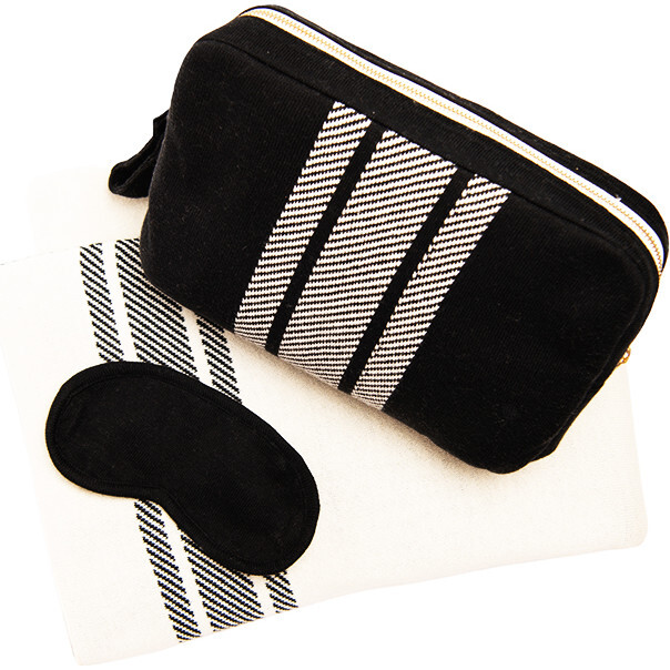 Reversible Stripe Blanket Travel Set, Black/Natural