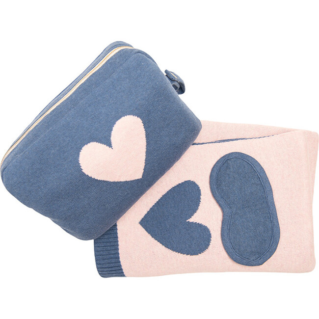Hearts Reversible Blanket Travel Set, Marine/Pink