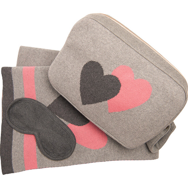 Double Hearts Blanket Travel Set, Light Grey/Pink