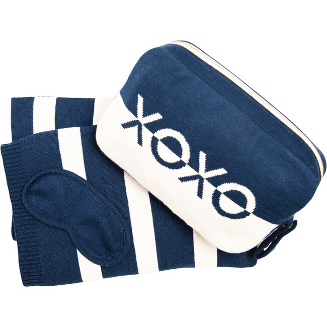 Xoxo Reversible Stripes Blanket Travel Set, Blue/Natural