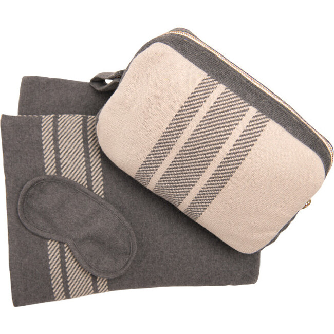 Reversible Stripe Blanket Travel Set, Dark Grey/Pale Whisper - Blankets - 2