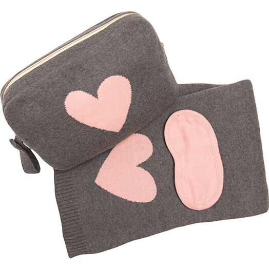 Hearts Reversible Blanket Travel Set, Dark Grey Blossom - Blankets - 1