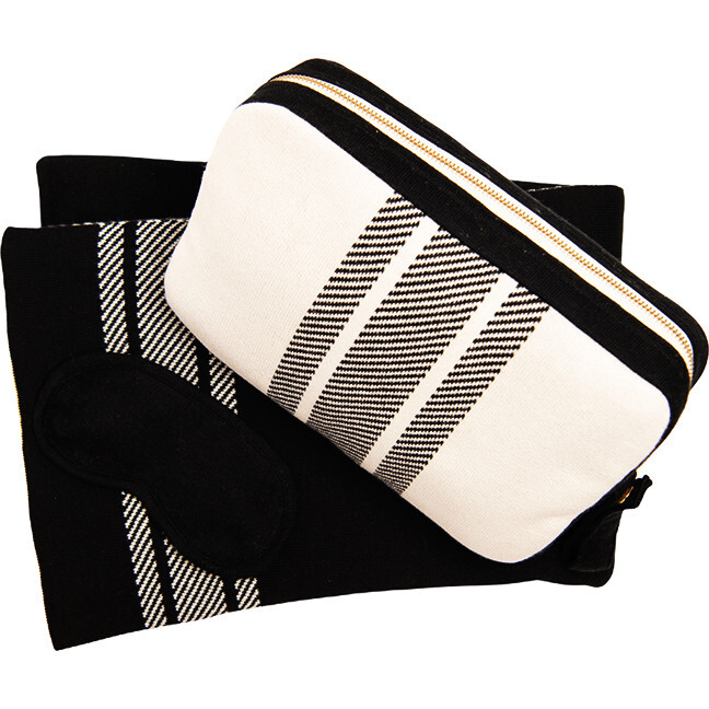 Reversible Stripe Blanket Travel Set, Black/Natural - Blankets - 2