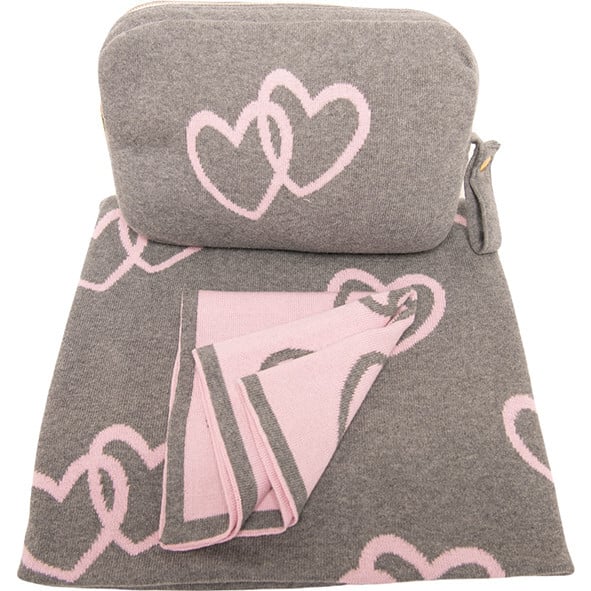 Twin Hearts Baby Blanket Set, Grey/Pink - Blankets - 7