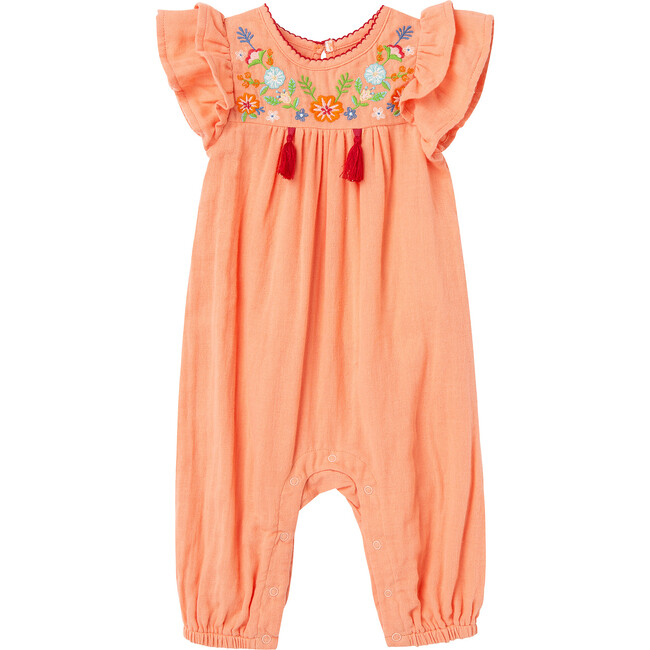 Embroidered Gauze Coverall, Coral