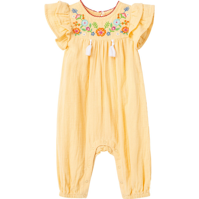 Embroidered Gauze Coverall, Yellow - Rompers - 1