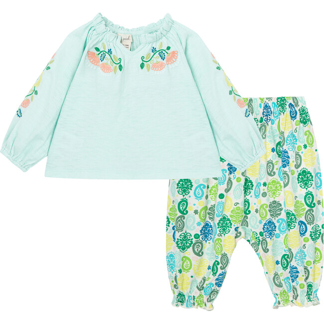 Embroidered Gauze Pant Set, Blue - Mixed Apparel Set - 1 - zoom