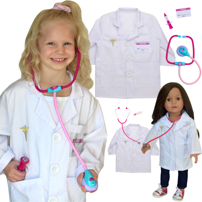 Kid SIze Lab Coat with Stethescope & Syringe and Doll Size Lab Coat with Stethescope & Syringe, White
