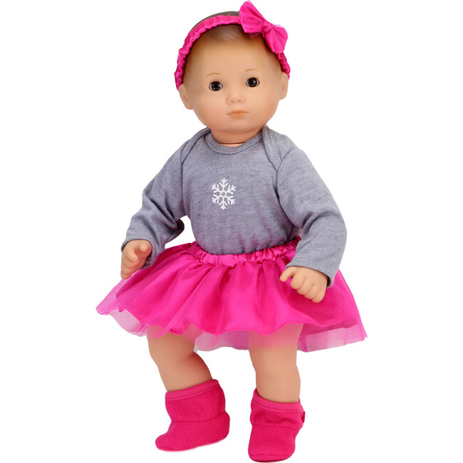 15" Doll Snowflake Onsie, Hot Pink Tutu, Headband & Fabric Booties, Hot Pink - Doll Accessories - 2