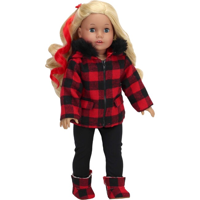 18" Doll Buffalo Check Fur Trimmed Coat, Check Scarf, Leggings & Check Boots