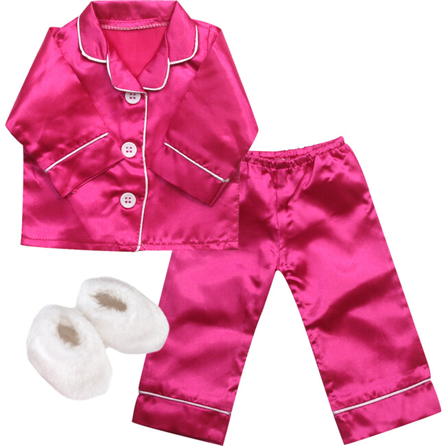 18" Doll Satin Pajamas & Slippers, Hot Pink