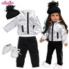 18" Doll Silver Metallic Jacket, Black Side Stripe Joggers, Knit Hat & Sneakers - Doll Accessories - 2