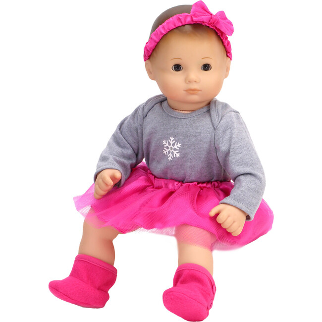 15" Doll Snowflake Onsie, Hot Pink Tutu, Headband & Fabric Booties, Hot Pink - Doll Accessories - 3