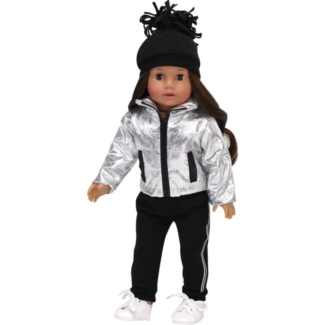 18" Doll Silver Metallic Jacket, Black Side Stripe Joggers, Knit Hat & Sneakers - Doll Accessories - 3