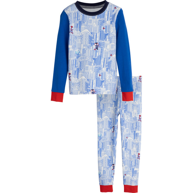 All-Over Print Cityscape Long Sleeve Pajama, Blue and White - Pajamas - 1 - zoom