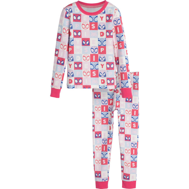 Long Sleeve Checkered Print Pajama, Pink - Pajamas - 1