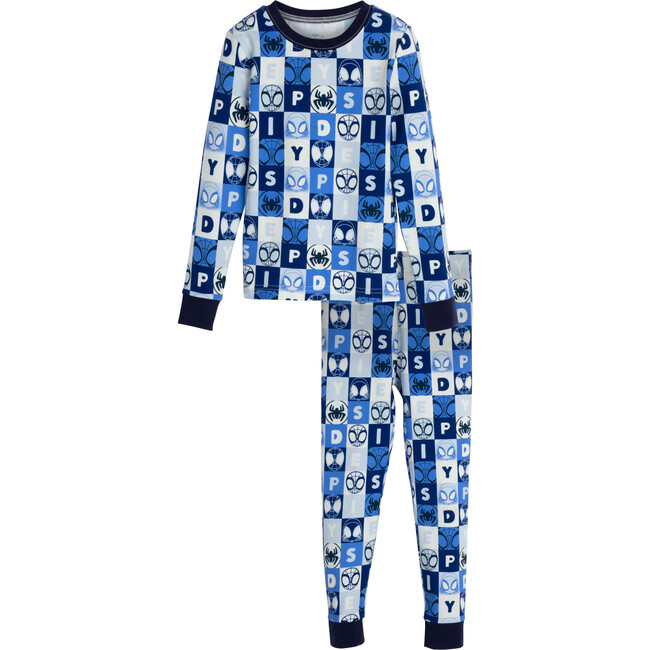 Long Sleeve Checkered Print Pajama, Blue & White - Pajamas - 1 - zoom