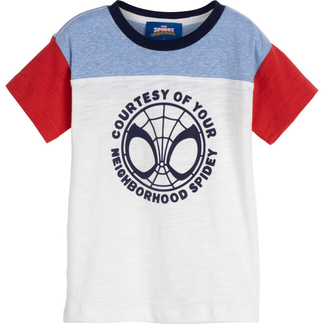 Short Sleeve Color Block Graphic Tee, Cream Red & Blue - Tees - 1 - zoom