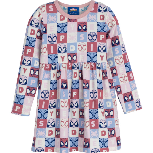Long Sleeve Checkered Print Dress, Pink & White - Dresses - 1